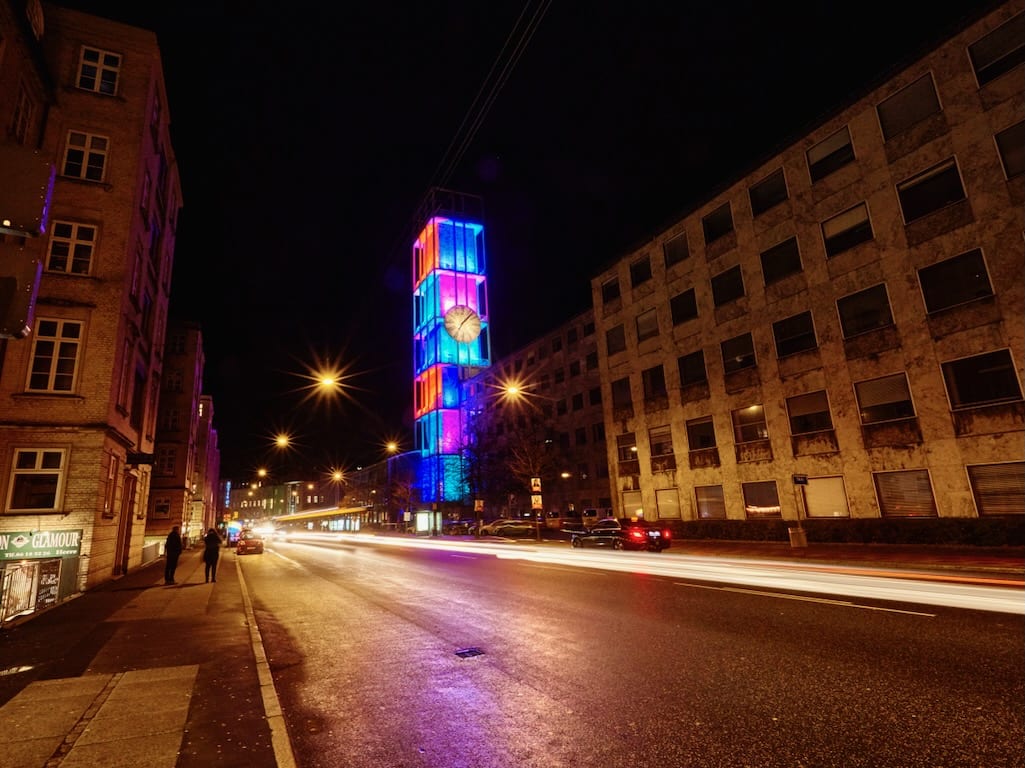 Street view of the Aarhus tower in Dnemark, lit up for Tine Bech's interactive installation.
