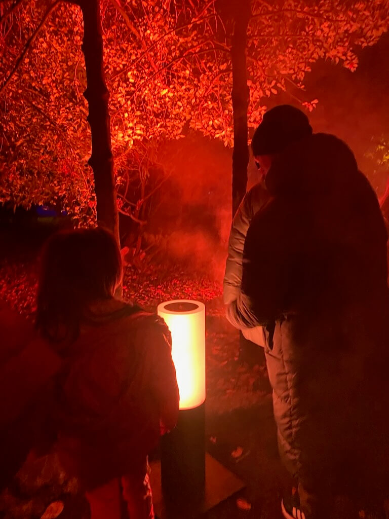 A family plays with an interactive podium to illuminate trees with vibrant red light.