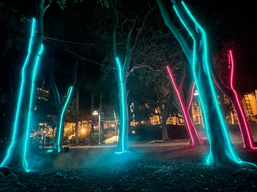 Vibrant pink and blue lights run up and down the trees like fairy trails.