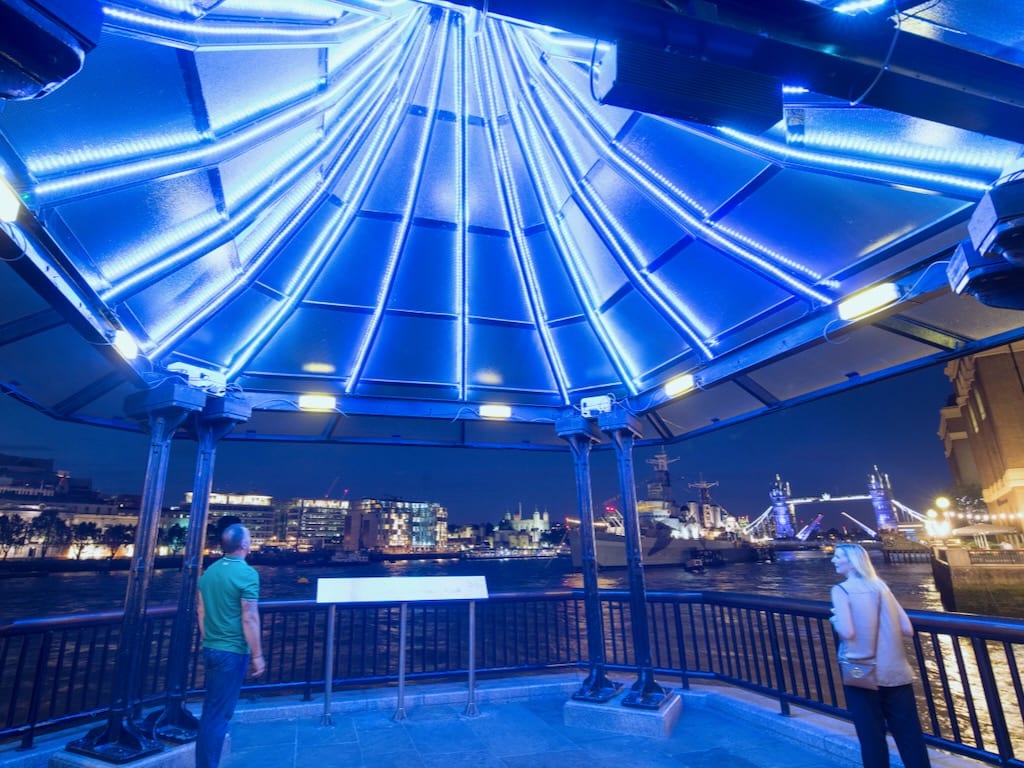 London Bridge City Pier was transformed by Tine's colourfully illuminated pavilions.