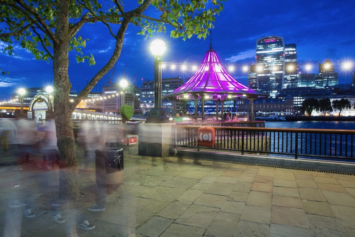 London Bridge City Pier was transformed by Tine's colourfully illuminated pavilions.