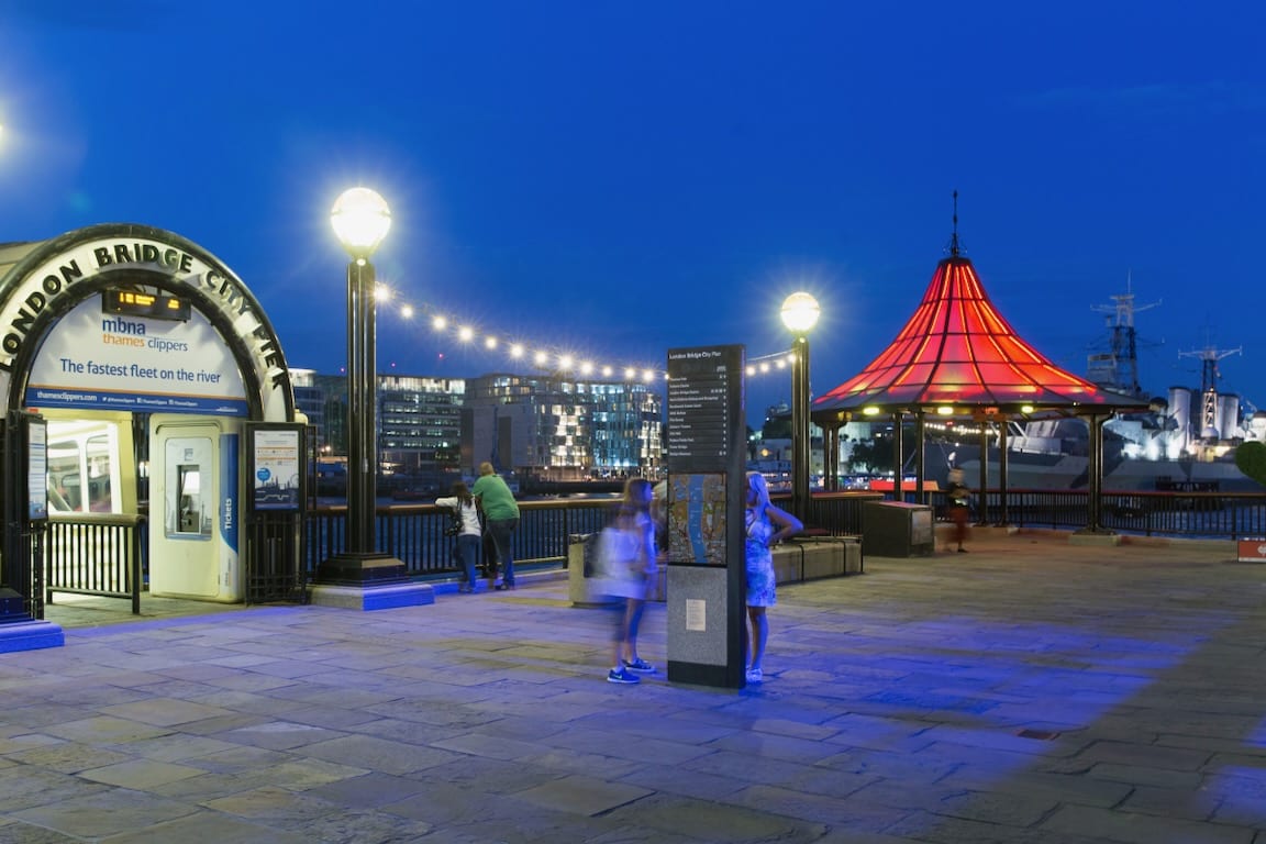 London Bridge City Pier was transformed by Tine's colourfully illuminated pavilions.