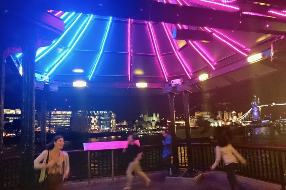 London Bridge City Pier was transformed by Tine's colourfully illuminated pavilions, encouraging the public to play under the lights.
