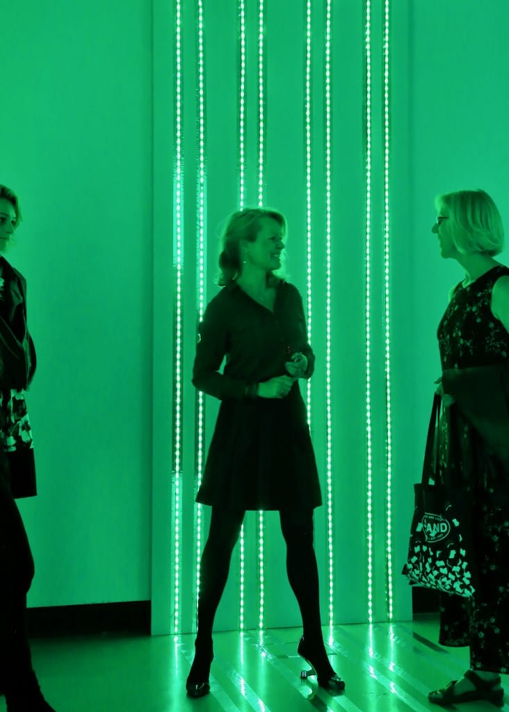 Tine happily shares her latest work whilst illuminated by bright green lights.