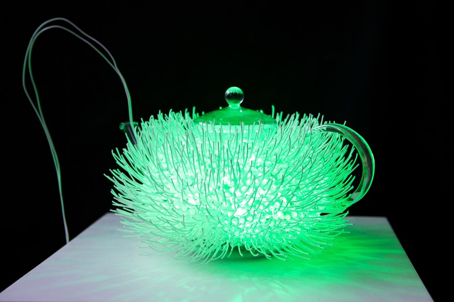 Uplifting shades of green are emitted by a teapot covered wiry spines.