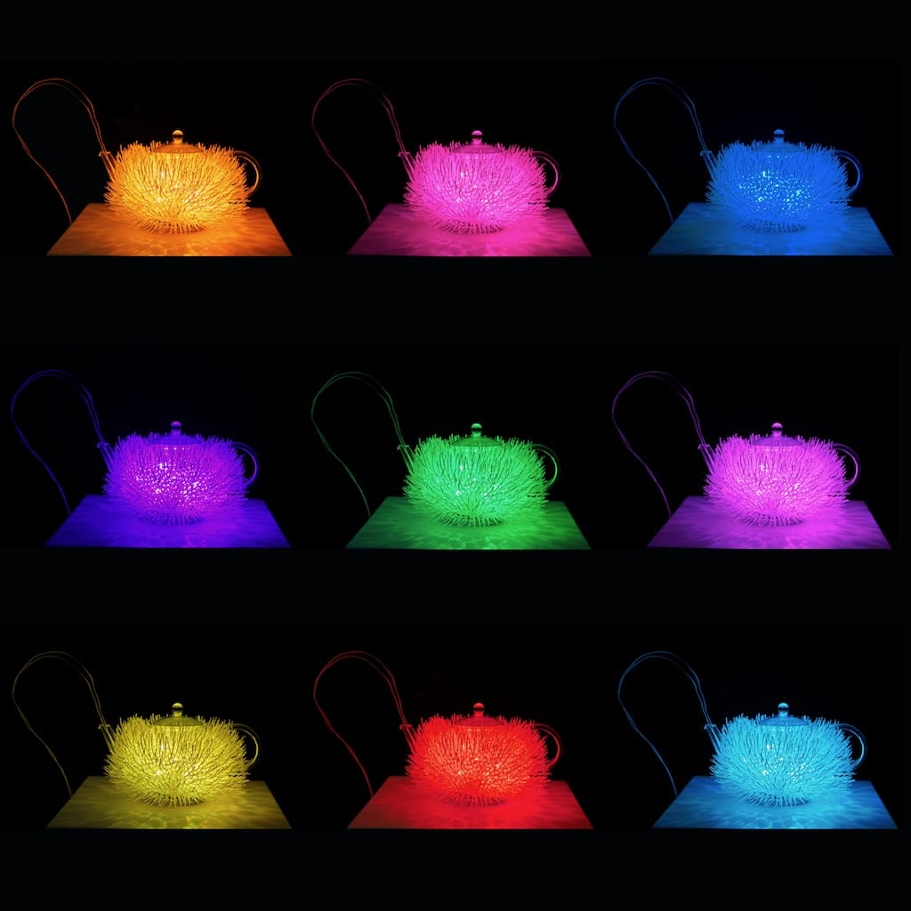 A collage of the teapot alight in all colours of the rainbow.
