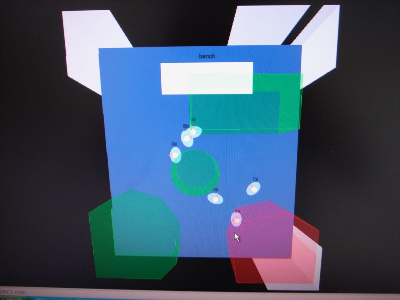 A 3D depiction of the software used to map out the space used for Mememe to create noise based on movement of the participators.