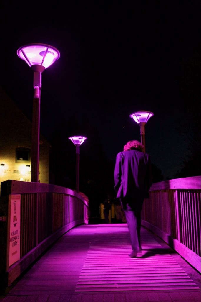 Vibrant pink lights are emitted from lampposts over a bridge.