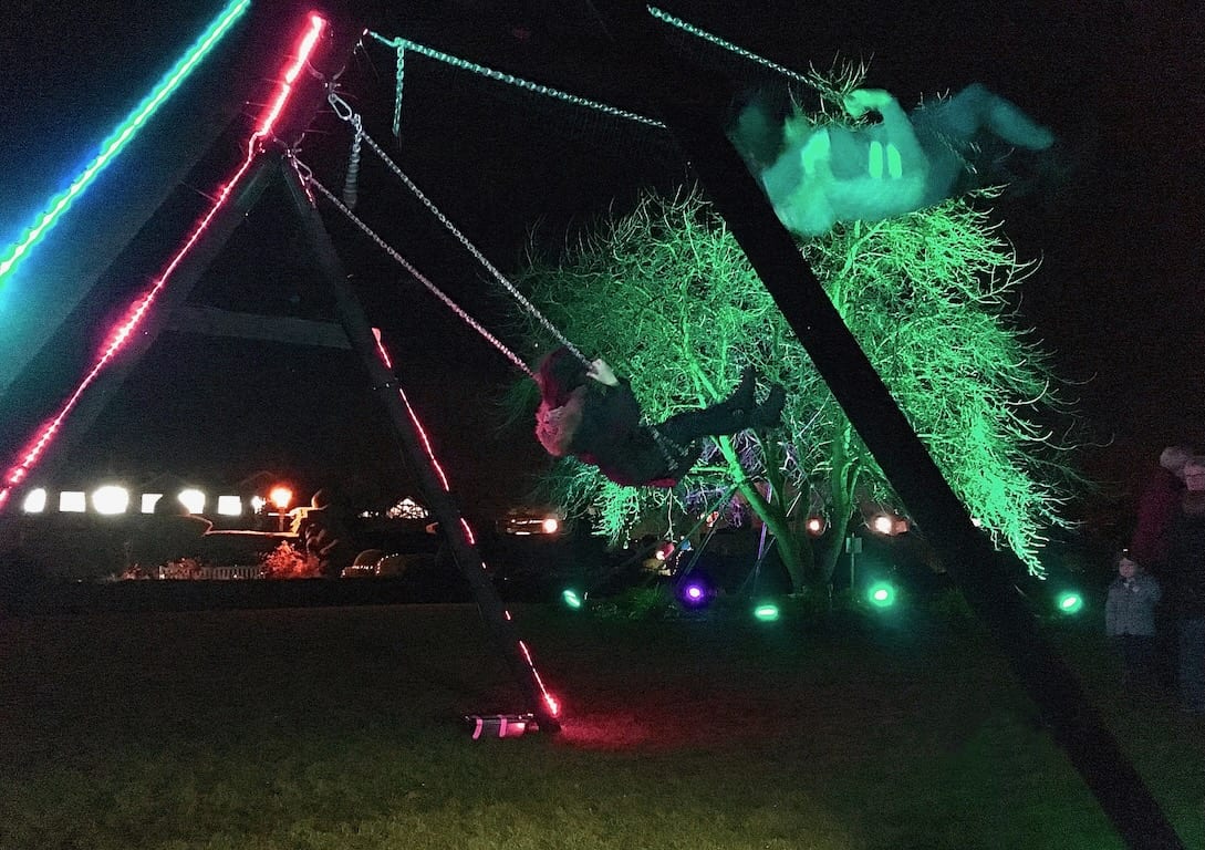 Adults and children alike have fun on Tine's interactive swing set, using their movement to control sounds and colours.