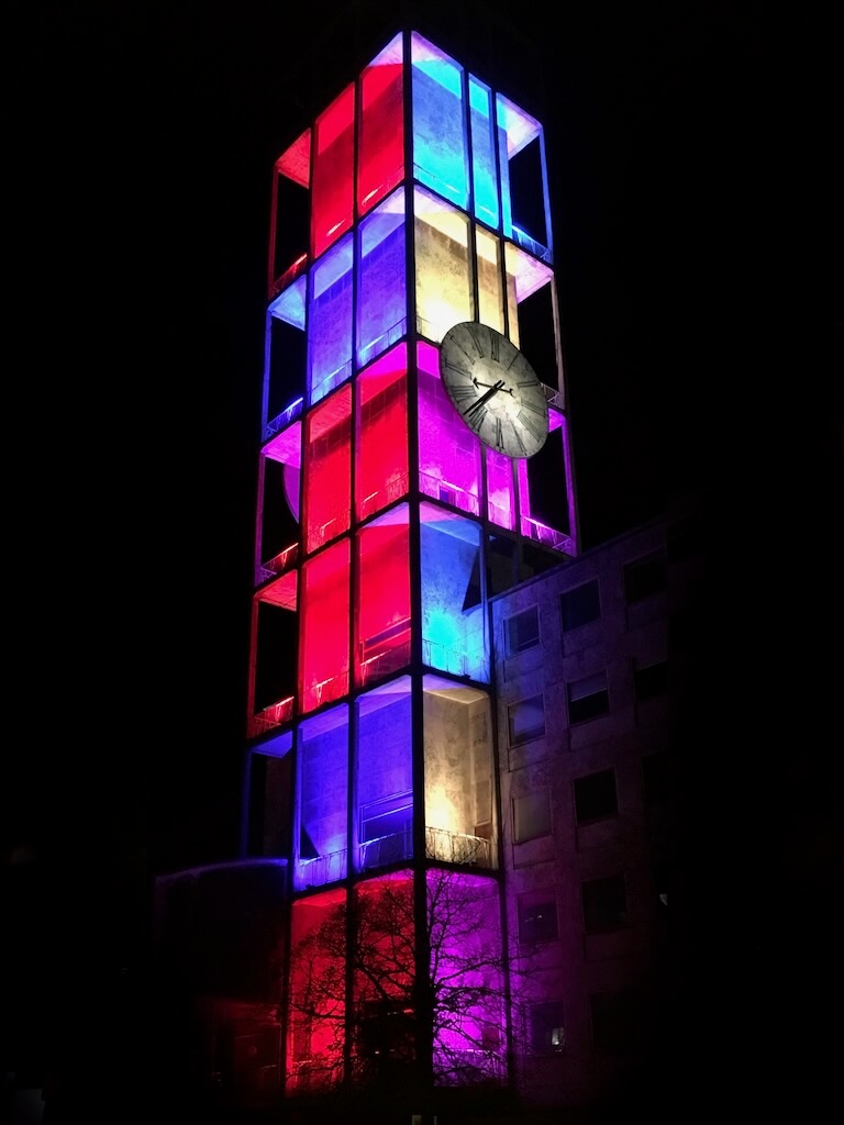 The Aarhus Tower in Denmark is transformed with strong vibrant colours and lights.